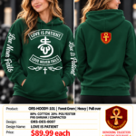 Love is Patient Heavy Pullover Hoodie - Forest Green - Front Graphic